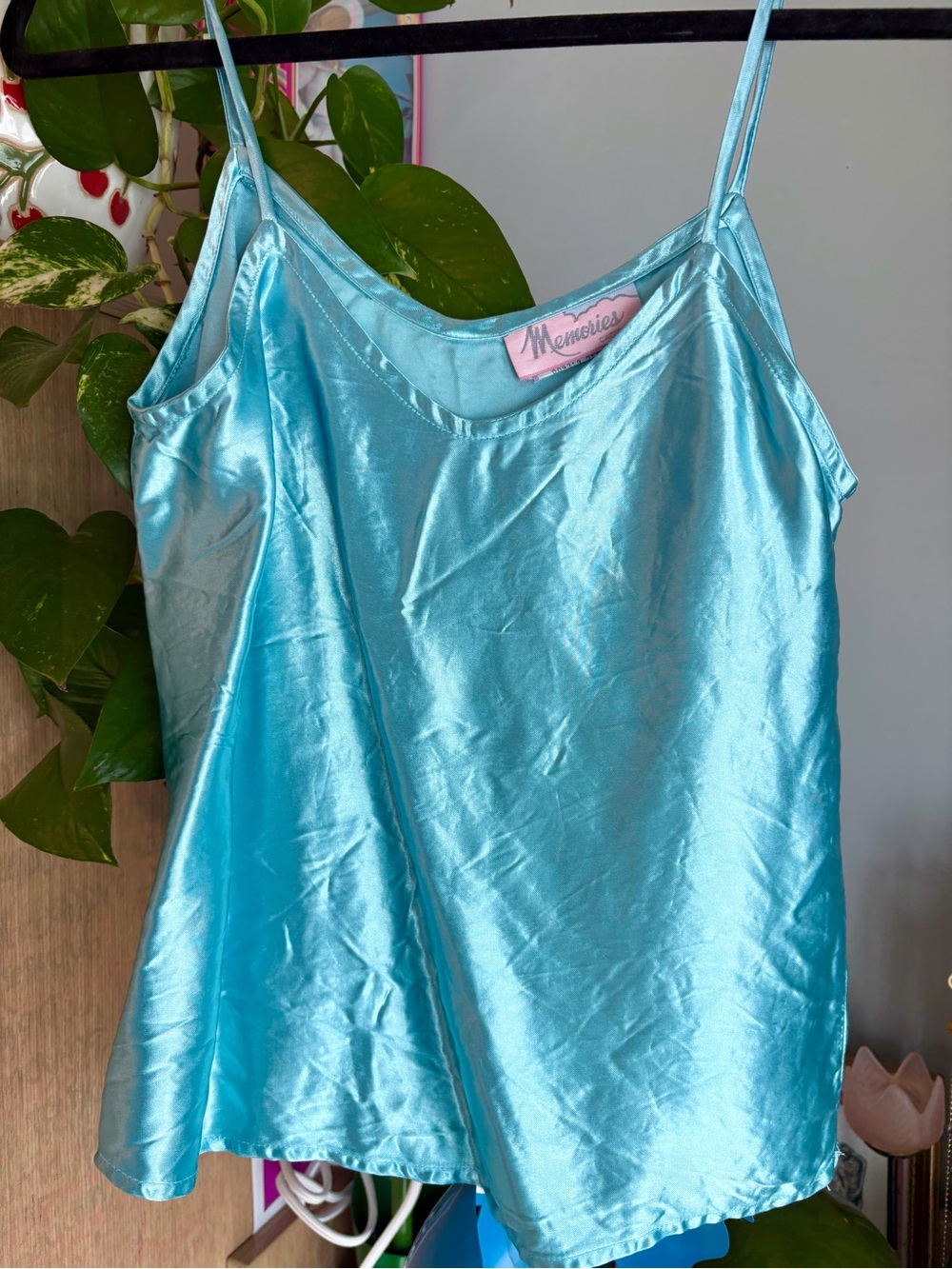 VINTAGE 90’s Satin Spaghetti Strap Cami in Aqua Blue